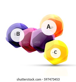 Glass color hexagons. Glossy plastic hexagon design with text and option infographics