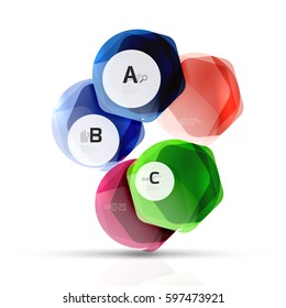 Glass color hexagons. Glossy plastic hexagon design with text and option infographics