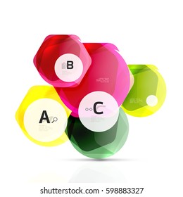 Glass color hexagons. Glossy plastic hexagon design with text and option infographics