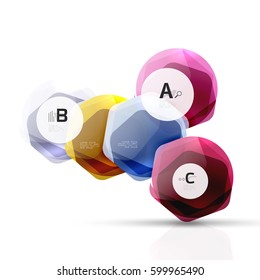 Glass color hexagons. Glossy plastic hexagon design with text and option infographics