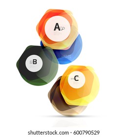 Glass color hexagons. Glossy plastic hexagon design with text and option infographics