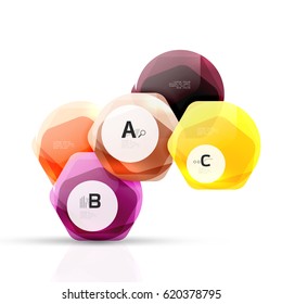 Glass color hexagons. Glossy plastic hexagon design with text and option infographics