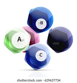 Glass color hexagons. Glossy plastic hexagon design with text and option infographics