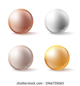 Glass color spheres, shiny circle beads or precious pearl. Round balls with soft shadows on white. Vector realistic 3d isolated illustrations.