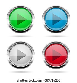 Glass colored buttons with chrome frame. Vector illustration isolated on white background