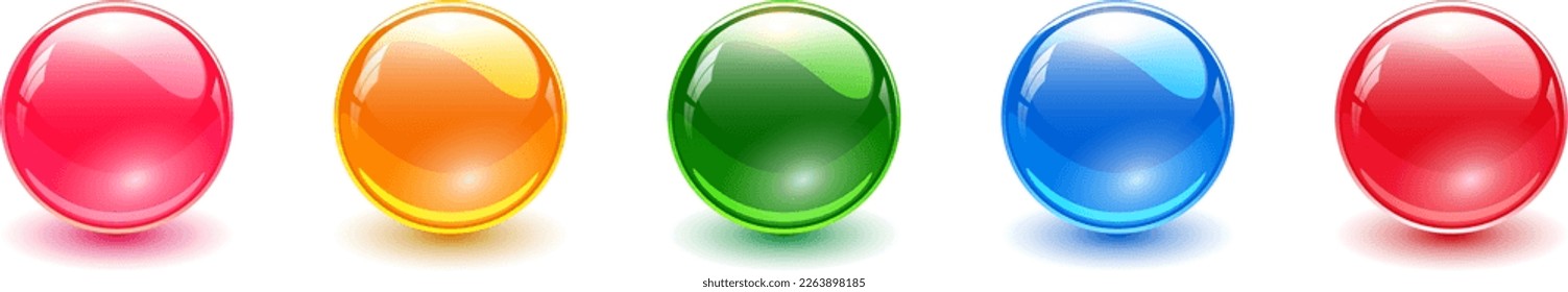 Esferas de vidrio coloreadas, bolas multicolores 3d brillantes con sombras, ilustración vectorial.
