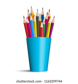 A glass with colorful pencils. Vector, isolated.