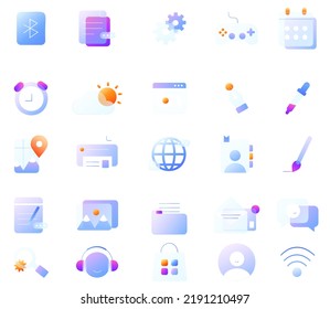 Glass computer icons set in a modern flat vector style featuring transparent UI symbols for technology, web, and app interface design concepts