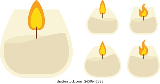 Velas de recipiente de vidro com chama - ilustração vetor plana para aromaterapia, ambiente de spa e decoração interior acolhedora