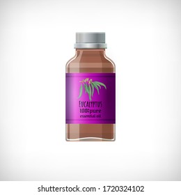 Glass container for essential oil. Transparent brown medical bottle icon. Text Eucalyptus 100% pure essential oil. Flat style. Glass bottle mock up on transparent background. Vector illustration. 