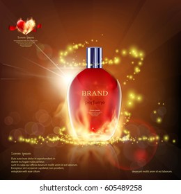 Glass container with a perfume on fire. Cosmetic ads template. Stock vector illustration.