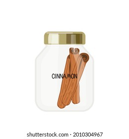 Glass container for spices with cover with cinnamon inside. Spice can with inscription. Organic product flat. Flavor cooking ingredient. Fragrant cinnamon. Spicy condiment for cooking.