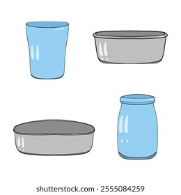 Glass containers. Doodle style illustrations. Empty containers and jars. Hand drawing