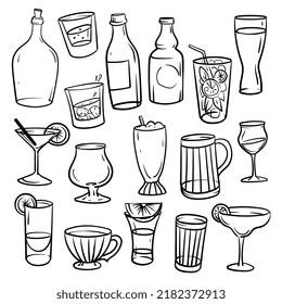 Glass containers for drinks. Illustration in doodle sketch style.