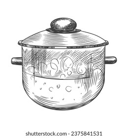 Cocina de vidrio de agua hirviendo en un estilo de grabado sobre fondo blanco. Artículos de cocina tipo boceto. Cubierta de estofado blanco y negro dibujada a mano con tapa