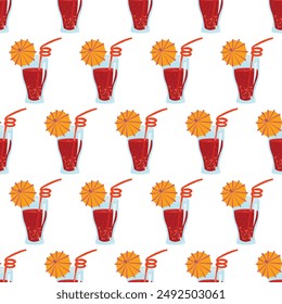 Glass glass with a cool drink, cocktail straw and umbrella. Simple seamless pattern on a white background. 