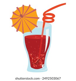 Glass glass with a cool drink, cocktail straw and umbrella. Vector illustration on white background.