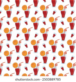 Glass glass with a cool drink, cocktail straw and umbrella. Simple seamless pattern on a white background. 