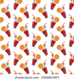 Glass glass with a cool drink, cocktail straw and umbrella. Simple seamless pattern on a white background. 