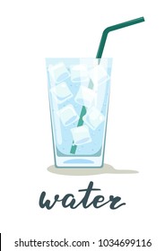 Glass of cool water with ice and bubbles. Vector illustration isolated on white background