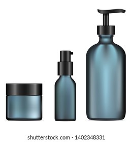 Glass Cosmetic Bottle Set. Pump Dispenser, Cream Jar Template Mockup. Facial Concealer, Moisturizer Product. Skin Tonic Packaging. Matt Blue Glass Set. Realistic vector Package.