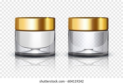 Glass cosmetic jar with golden lid isolated on transparent background. Vector illustration