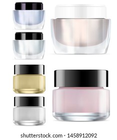 Glass Cosmetic Jar mock up. Round Glossy Cream Packaging. Makeup Products Clear Container. Vector Package Blank for Face and Skin Care. Empty jars Set with Plastic Cap for Scrub