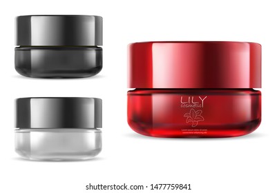 Glass Cosmetic Jar. Red Cream Jar Blank Mock Up Isolated on White Background. ClearCosmetic Bottle for Gel, Lotion. Sunscreen Cream or Butter Package Template Mockup. Glossy Container