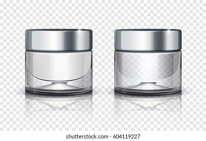 Glass cosmetic jar with silver lid isolated on transparent background. Vector illustration