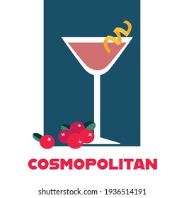 Glass of Cosmopolitan cocktail with cranberries retro vector illustration