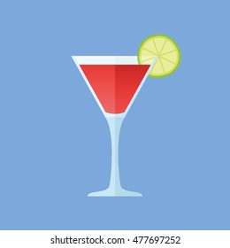Glass of cosmopolitan cocktail with lime slice isolated on blue background. Flat style icon. Vector illustration.