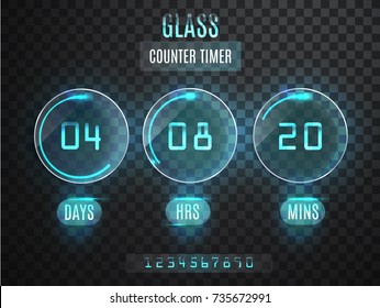 Glass Counter Timer. Transparent vector countdown timer isolated on transparent background. Neon glow on a dark background. Countdown website vector template digital clock timer background