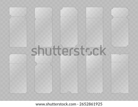 Glass coupon icon set. Ticket blur effect collection. Vector