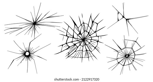 Glass cracks. Broken ice. Bullet marks on transparent surface, electronic display, window. Vector sketch illustration.