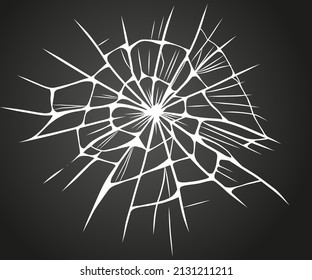 Glass cracks. Broken ice. Bullet marks on transparent surface, electronic display, window. Vector sketch illustration.