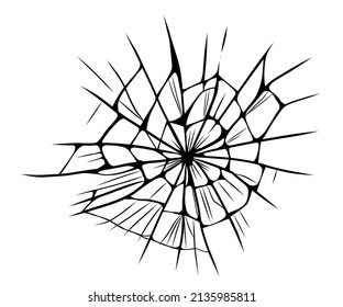 Glass cracks. Broken ice. Bullet marks on transparent surface, electronic display, window. Vector sketch illustration.