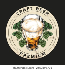 Um copo de cerveja artesanal com um topo espumoso é cercado por plantas de lúpulo vibrantes. Isso captura a essência da fabricação de cerveja em um ambiente rústico perfeito para os entusiastas da cerveja.