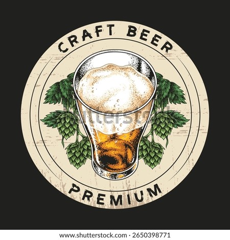 A glass of craft beer featuring a frothy top is surrounded by vibrant hop plants. This captures the essence of brewing in a rustic environment perfect for beer enthusiasts.