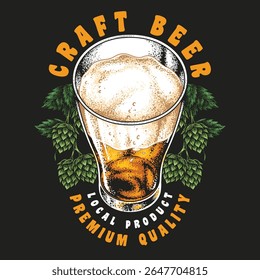 A glass of craft beer filled with golden liquid and frothy foam sits amidst green hop leaves emphasizing local production and premium quality. Enjoying this brew represents a true flavor experience.