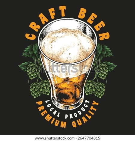 A glass of craft beer filled with golden liquid and frothy foam sits amidst green hop leaves emphasizing local production and premium quality. Enjoying this brew represents a true flavor experience.