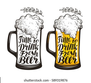 Glass of craft beer with foam. Design menu restaurant, pub or bar. Lettering, calligraphy vector illustration