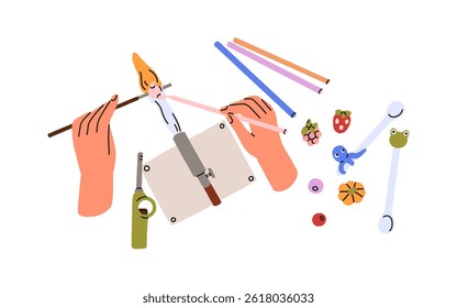 Glass crafting by hands. Fire burner, melting tool, making handmade craftwork, creative accessories, art. Creativity, glasswork, DIY hobby. Flat vector illustration isolated on white background