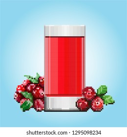 A glass of cranberry juice, fresh or smoothie with scattered cranberries around it. Pixel art on a light blue gradient background.