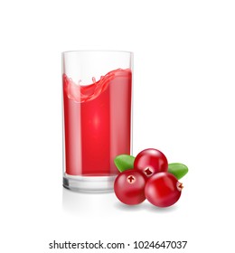 Glass of cranberry juice with realistic cranberries. Isolated on white background.