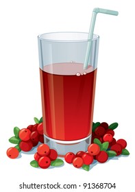 Glass of cranberry juice with a straw surrounded by cranberries. Isolated on white background.