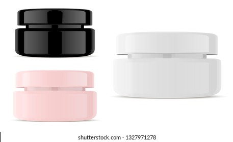 Glass Cream Cosmetic Jar. Isolated Glossy Plastic Container Pack in Black White and Rose. Clean Medical Pot for Skin Care Product with Cap. 3d Realistic Design Template.