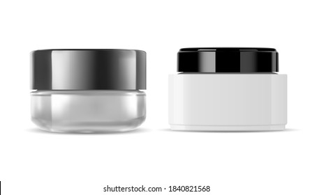 Glass cream jar. Cosmetic bottle. Transparent blank mockup with black lid. Empty white container for face or skin care product. Round 3d packaging for luxury makeup powder