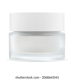 Glass Cream Jar. Cosmetic Cream Container Blank. White Plastic Cap Glass Pot Mockup Illustration. Round Skin Blush Powder Or Gel Tin Template Mock Up. Creme Jar No Label, Logo For Your Brand