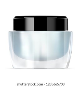 Glass Cream Jar. Luxury Cosmetic Container mockup. Skin Care Gel or Scrub Packaging with Glossy Black Plastic Lid. Face Medical Creme Transparent Pack Template. Vector Design.