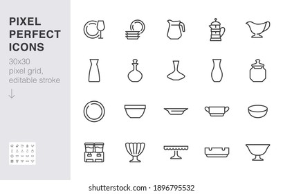 Glass crockery line icon set. Tableware - plate, jug, dish, ashtray, salad bowl, decanter, wineglass minimal vector illustration. Simple outline sign of dinnerware. 30x30 Pixel Perfect Editable Stroke